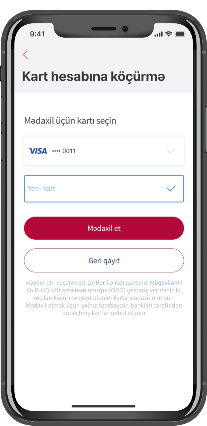 Mədaxil üçün kart seçin və ya yeni kart əlavə edin.