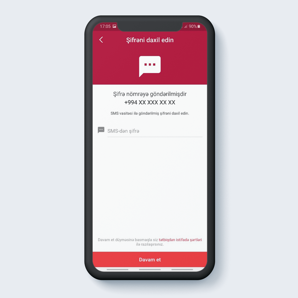 Qeyd olunan mobil nömrəyə göndərilmiş OTP (birdəfəlik şifrə) daxil edilir.