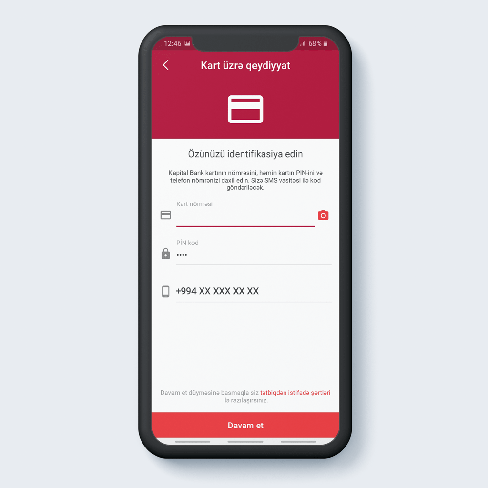 Kartın PAN, PİN kodunu və mobil nömrənizi daxil edin.