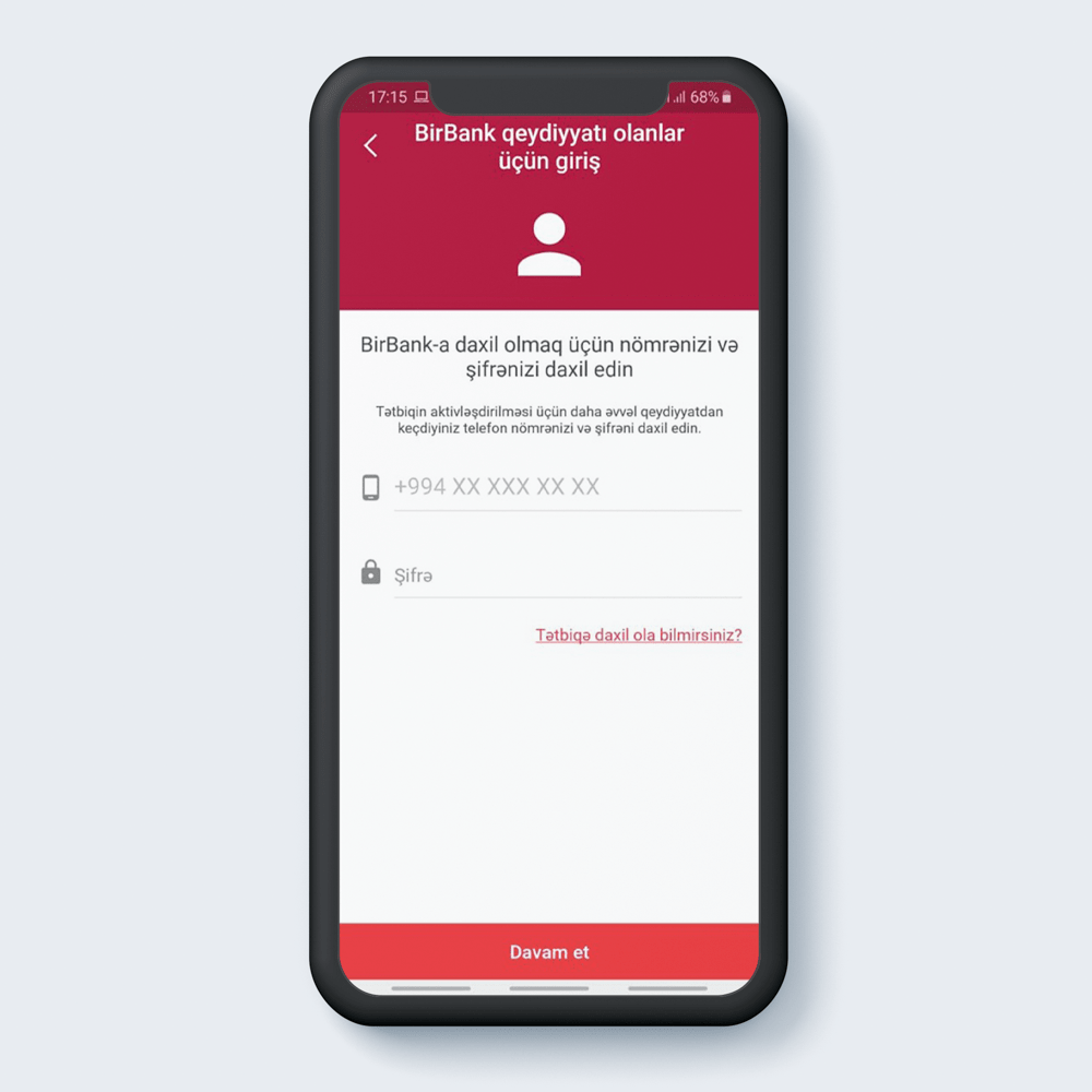 Əvvəl təyin etdiyiniz mobil nömrənizi və parolu qeyd edin.