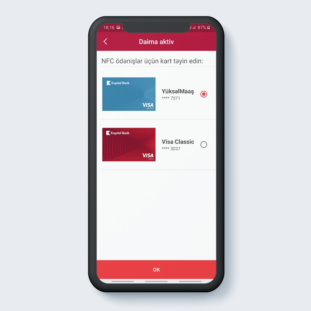 NFC pay üçün kart təyin edin. OK klikləyin.