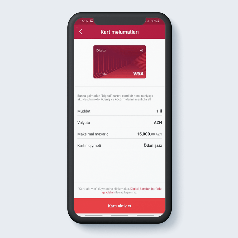 Kart məlumatları ilə tanış olduqdan sonra "Kartı aktiv et" sıxılır.