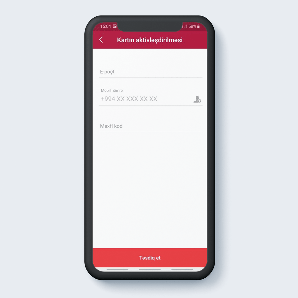 E-poçt, mobil nömrə, məxfi kod yazıldıqdan sonra "Təsdiq et" düyməsi sıxılır.