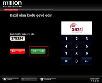 Daxil olan SMS kod qeyd edilir və "İrəli" düyməsi sıxılır.