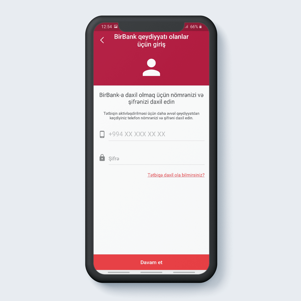 Birbank tətbiqinə daxil olarkən dəyişmiş şifrənizi qeyd edərək hesabınıza daxil olun